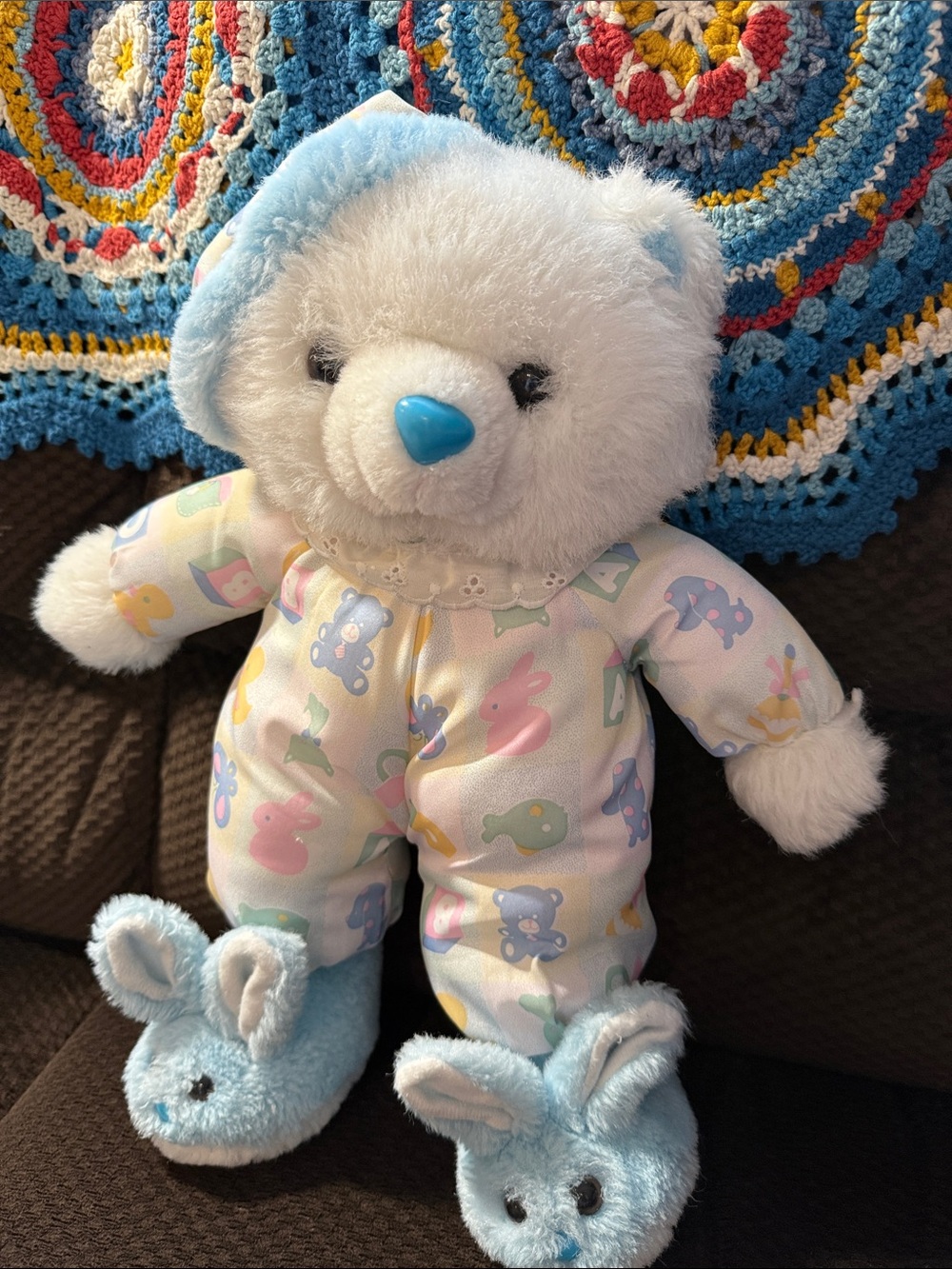 Vintage Teddy Bear Plush Baby Bear Pastel Patterned in Pajamas Bunny Slippers